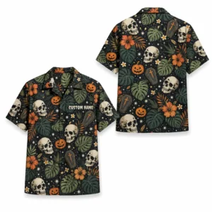 Personalized Skull And Pumpkin Halloween Hawaiian Shirt For Men Women, Short Sleeve Creepy Fall Festival Party Print, Custom Name Button Down - Style 2