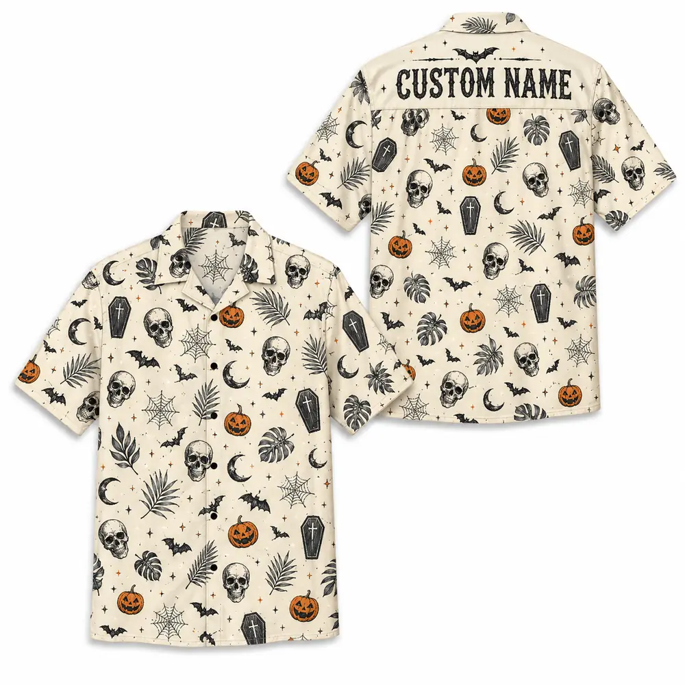 Personalized Skull And Pumpkin Halloween Hawaiian Shirt For Men Women, Short Sleeve Creepy Fall Festival Party Print, Custom Name Button Down - Style 3