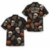 Personalized Skull And Pumpkin Halloween Hawaiian Shirt For Men Women, Short Sleeve Creepy Fall Festival Party Print, Custom Name Button Down - Style 4