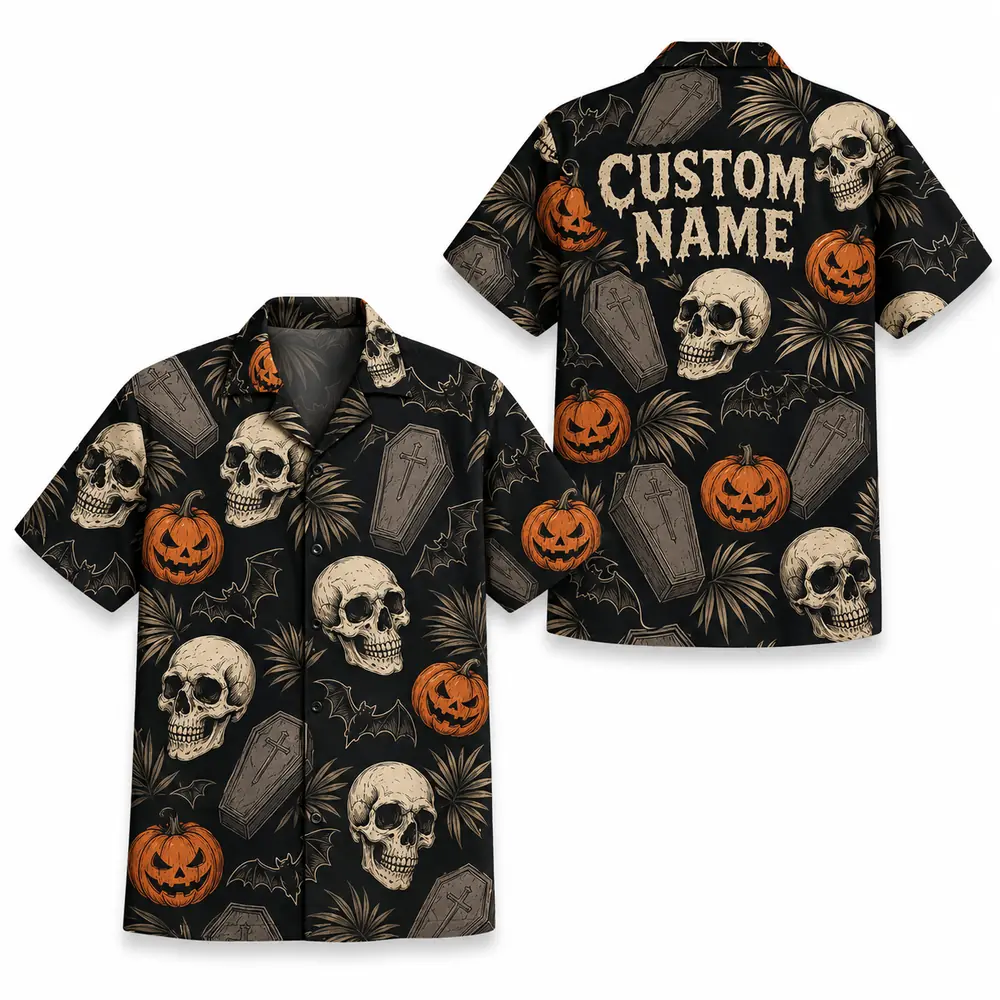 Personalized Skull And Pumpkin Halloween Hawaiian Shirt For Men Women, Short Sleeve Creepy Fall Festival Party Print, Custom Name Button Down - Style 4
