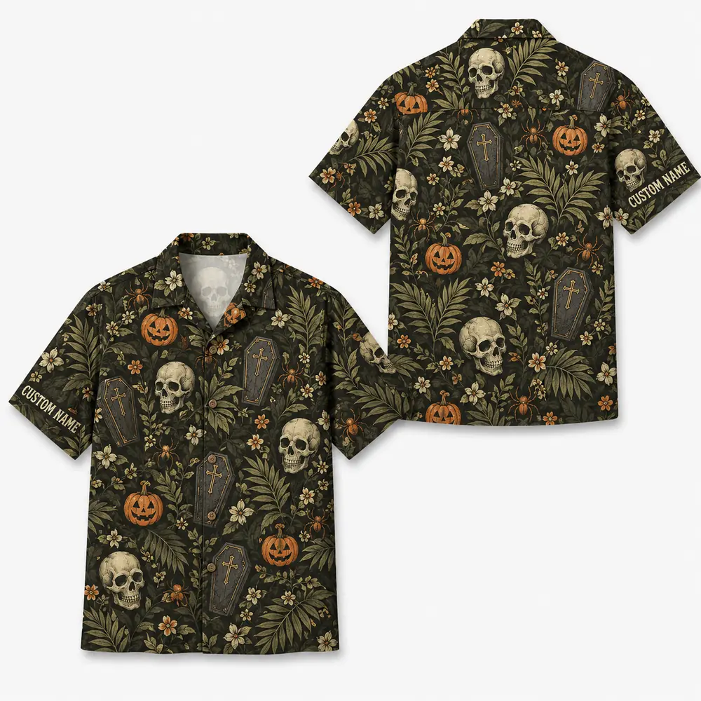 Personalized Skull And Pumpkin Halloween Hawaiian Shirt For Men Women, Short Sleeve Creepy Fall Festival Party Print, Custom Name Button Down - Style 5