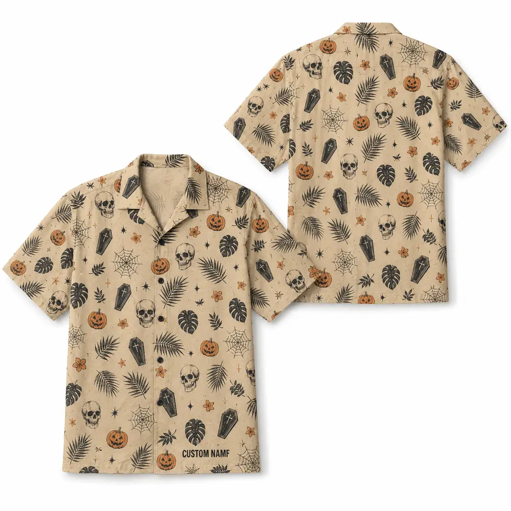 Personalized Skull And Pumpkin Halloween Hawaiian Shirt For Men Women, Short Sleeve Creepy Fall Festival Party Print, Custom Name Button Down - Style 6