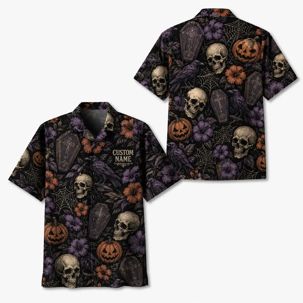Personalized Skull And Pumpkin Halloween Hawaiian Shirt For Men Women, Short Sleeve Creepy Fall Festival Party Print, Custom Name Button Down - Style 7