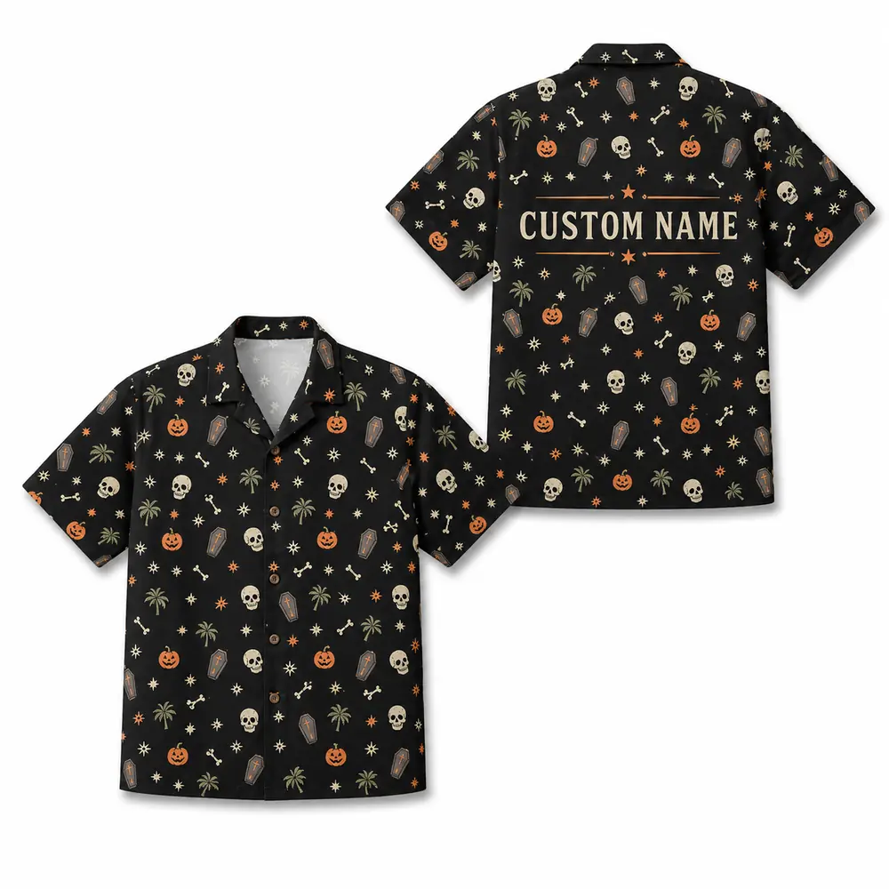 Personalized Skull And Pumpkin Halloween Hawaiian Shirt For Men Women, Short Sleeve Creepy Fall Festival Party Print, Custom Name Button Down - Style 8