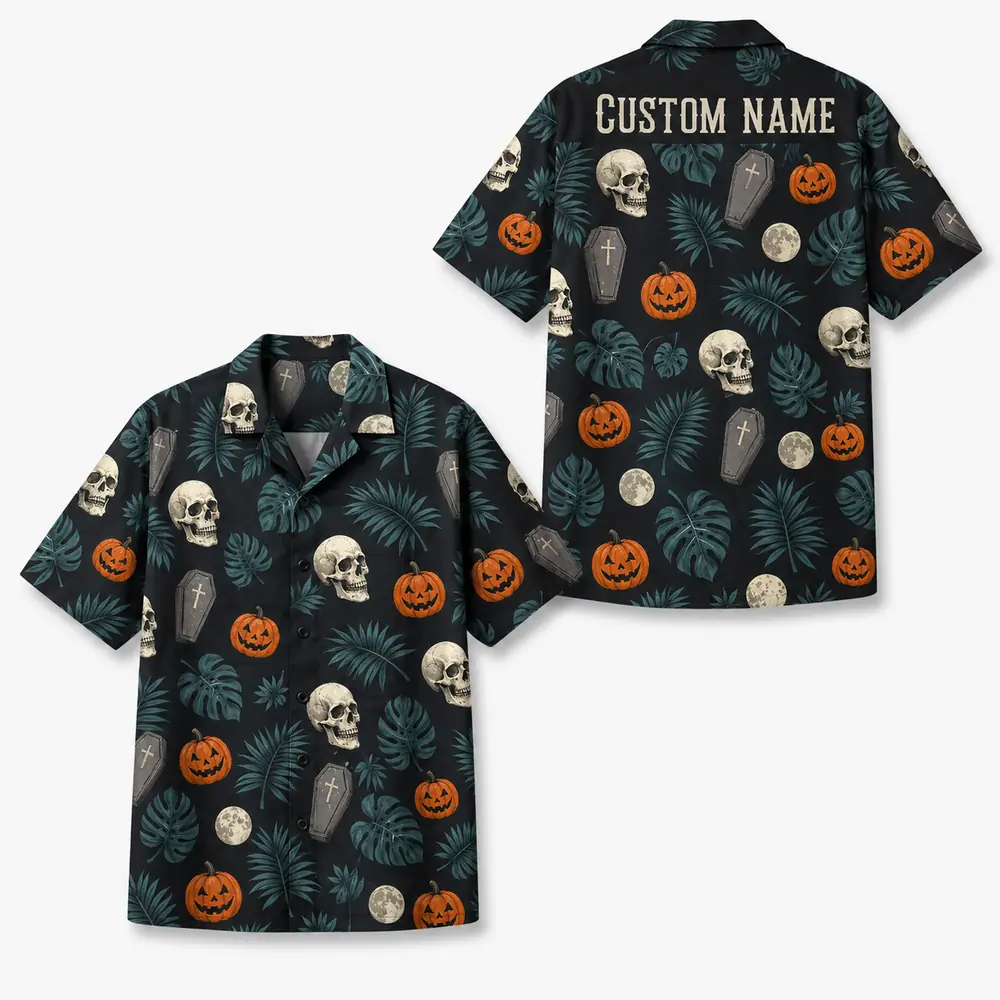 Personalized Skull And Pumpkin Halloween Hawaiian Shirt For Men Women, Short Sleeve Creepy Fall Festival Party Print, Custom Name Button Down - Style 9