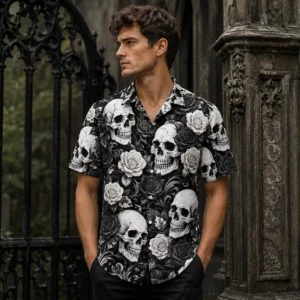 Personalized Skull And Rose Gothic Hawaiian Shirt For Men And Women, Short Sleeve Vintage Dark Floral Print, Custom Name Summer Button Down - View 1