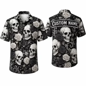 Personalized Skull And Rose Gothic Hawaiian Shirt For Men And Women, Short Sleeve Vintage Dark Floral Print, Custom Name Summer Button Down