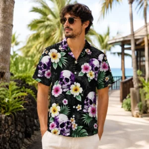 Personalized Skull Floral Hawaiian Shirt For Men And Women, Short Sleeve Gothic Tropical Beach Print, Custom Name Summer Button Down - View 1