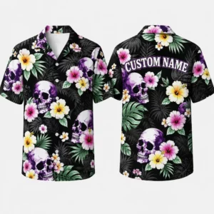 Personalized Skull Floral Hawaiian Shirt For Men And Women, Short Sleeve Gothic Tropical Beach Print, Custom Name Summer Button Down