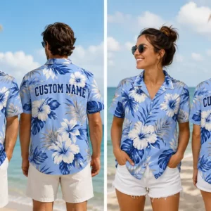Personalized Sky Blue Tropical Hibiscus Hawaiian Shirt For Men And Women, Short Sleeve Refreshing Island Vacation Print, Custom Name Summer Button Down - View 1