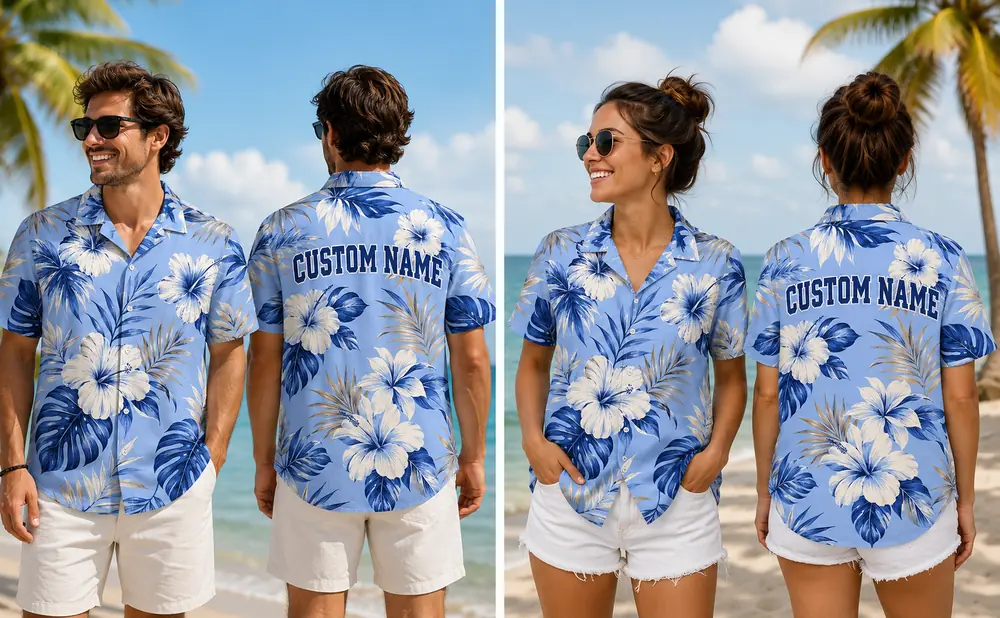 Personalized Sky Blue Tropical Hibiscus Hawaiian Shirt For Men And Women, Short Sleeve Refreshing Island Vacation Print, Custom Name Summer Button Down - View 1