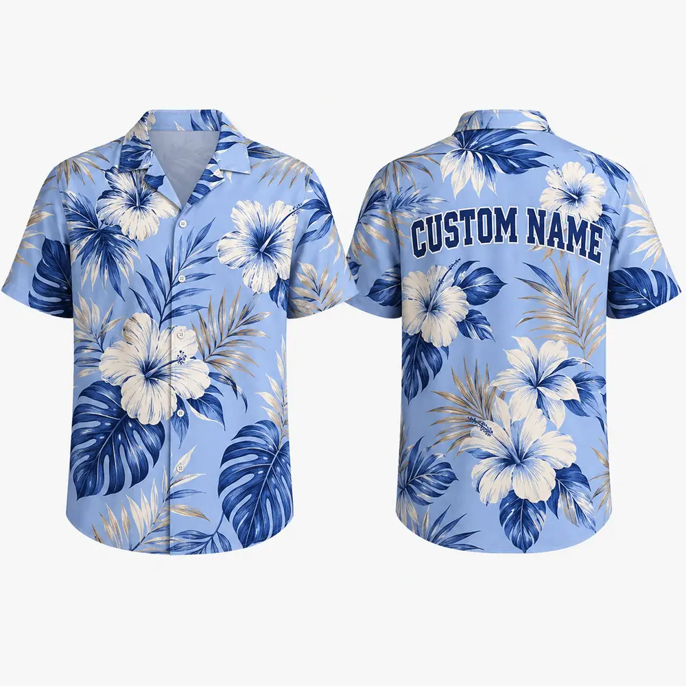 Personalized Sky Blue Tropical Hibiscus Hawaiian Shirt For Men And Women, Short Sleeve Refreshing Island Vacation Print, Custom Name Summer Button Down