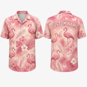 Personalized Soft Pink Flamingo Hawaiian Shirt For Men And Women, Short Sleeve Romantic Tropical Summer Print, Custom Name Button Down