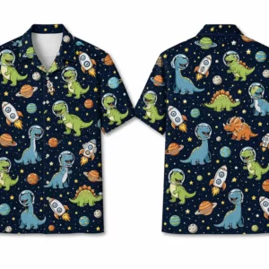 Personalized Space Dinosaur Hawaiian Shirt For Men And Women, Short Sleeve Funny Galactic Dino Summer Custom Name Button Down - Style 1