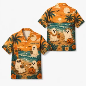 Personalized Spooky Ghost Beach Halloween Hawaiian Shirt For Men Women, Short Sleeve Tropical Fall Festival Print, Custom Name Button Down - Style 1