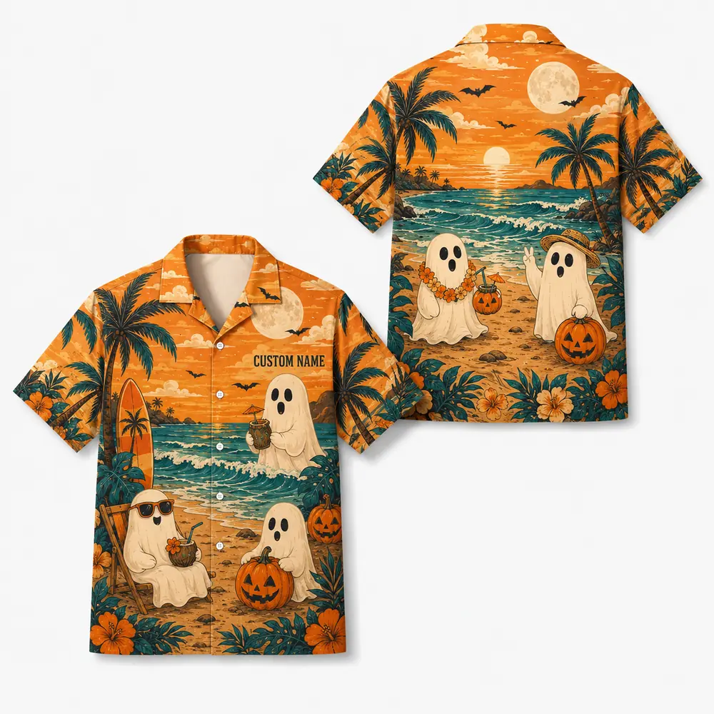 Personalized Spooky Ghost Beach Halloween Hawaiian Shirt For Men Women, Short Sleeve Tropical Fall Festival Print, Custom Name Button Down - Style 1