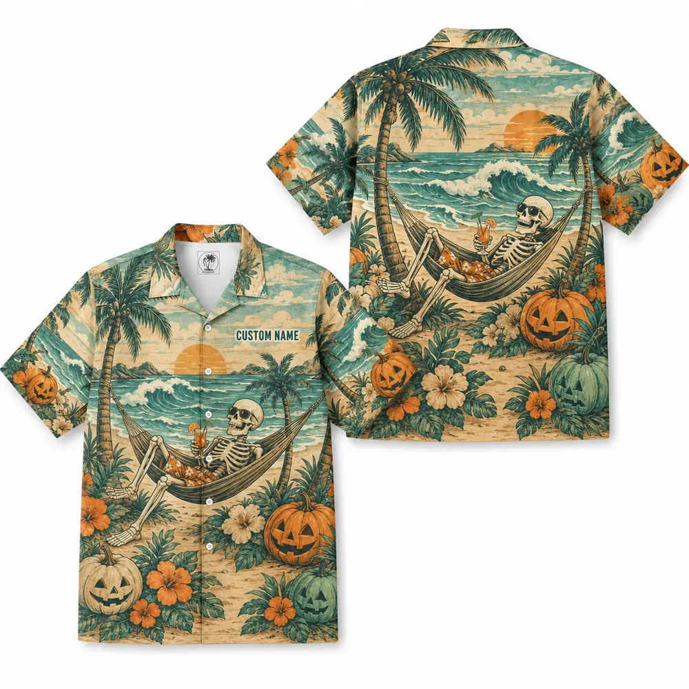 Personalized Spooky Ghost Beach Halloween Hawaiian Shirt For Men Women, Short Sleeve Tropical Fall Festival Print, Custom Name Button Down - Style 10