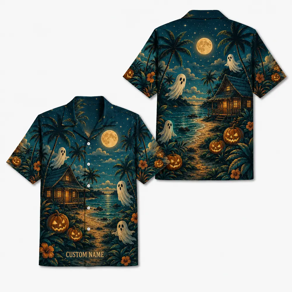 Personalized Spooky Ghost Beach Halloween Hawaiian Shirt For Men Women, Short Sleeve Tropical Fall Festival Print, Custom Name Button Down - Style 2