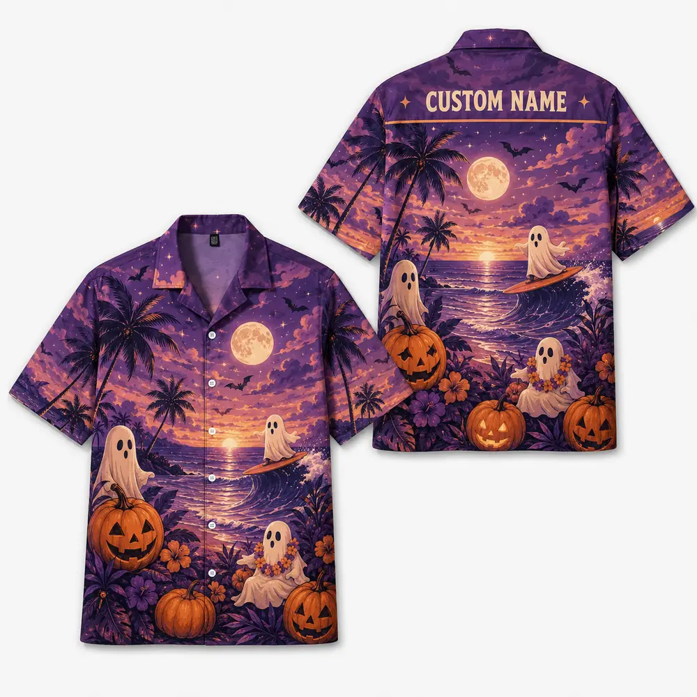 Personalized Spooky Ghost Beach Halloween Hawaiian Shirt For Men Women, Short Sleeve Tropical Fall Festival Print, Custom Name Button Down - Style 3