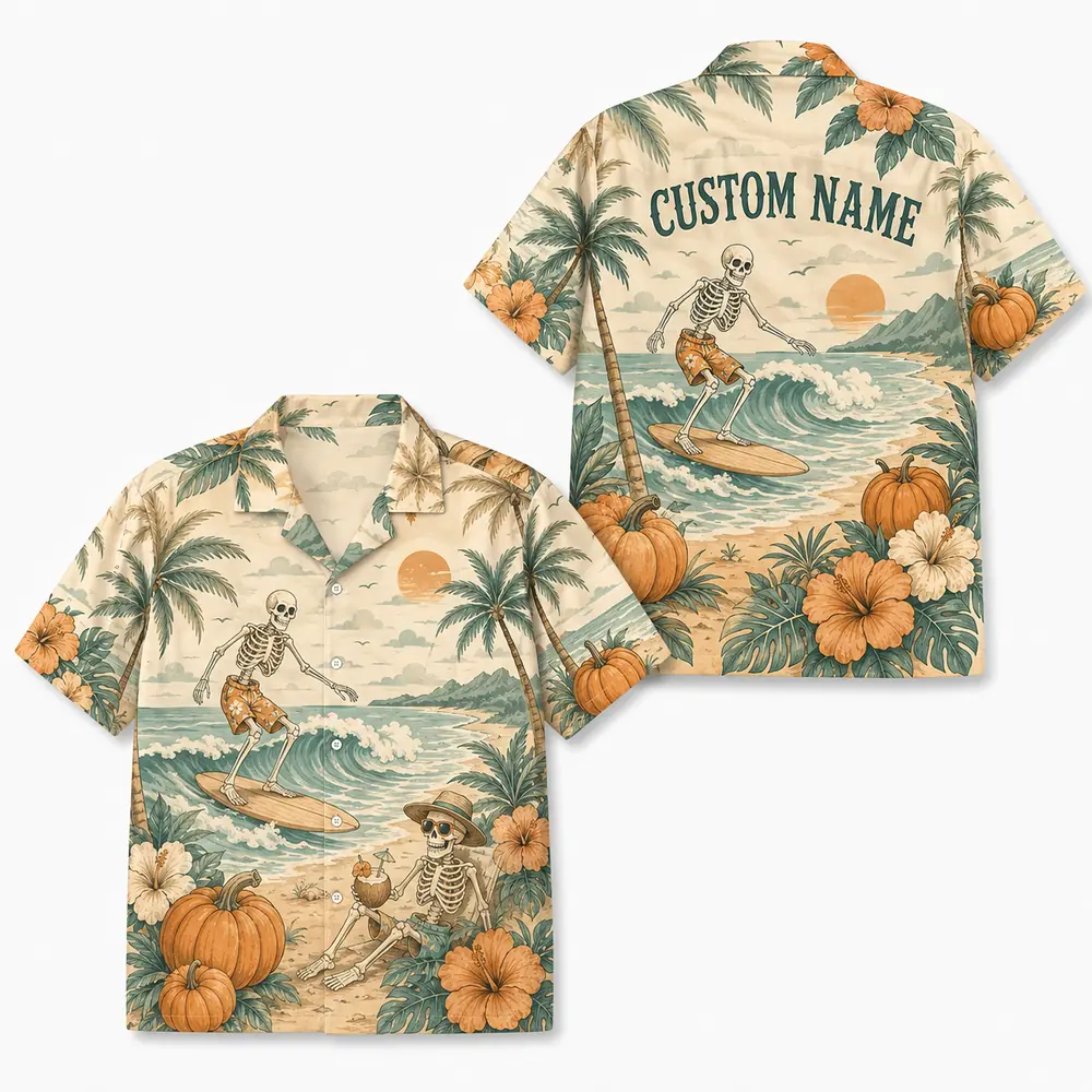 Personalized Spooky Ghost Beach Halloween Hawaiian Shirt For Men Women, Short Sleeve Tropical Fall Festival Print, Custom Name Button Down - Style 4