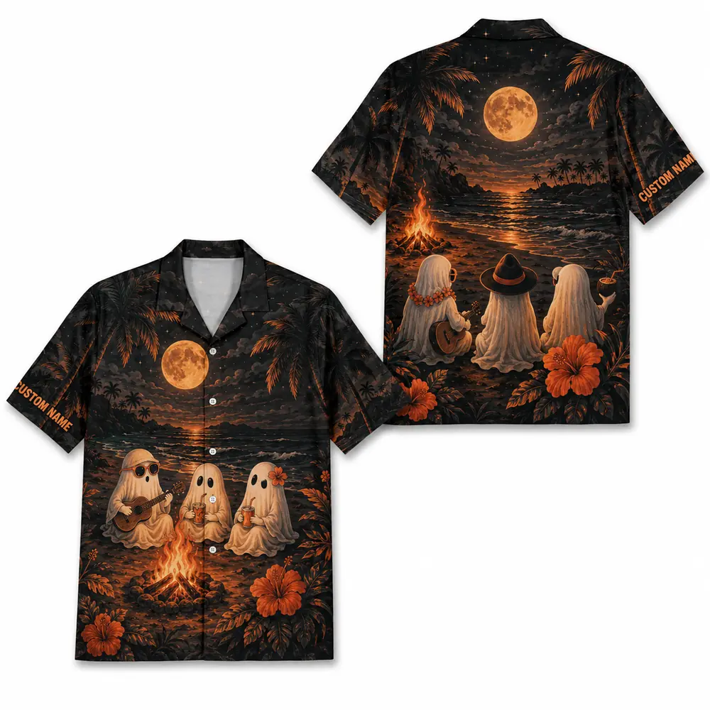 Personalized Spooky Ghost Beach Halloween Hawaiian Shirt For Men Women, Short Sleeve Tropical Fall Festival Print, Custom Name Button Down - Style 5