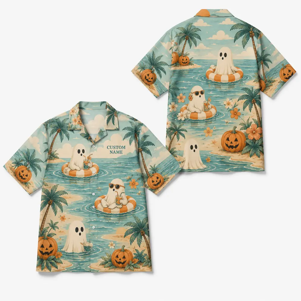 Personalized Spooky Ghost Beach Halloween Hawaiian Shirt For Men Women, Short Sleeve Tropical Fall Festival Print, Custom Name Button Down - Style 6