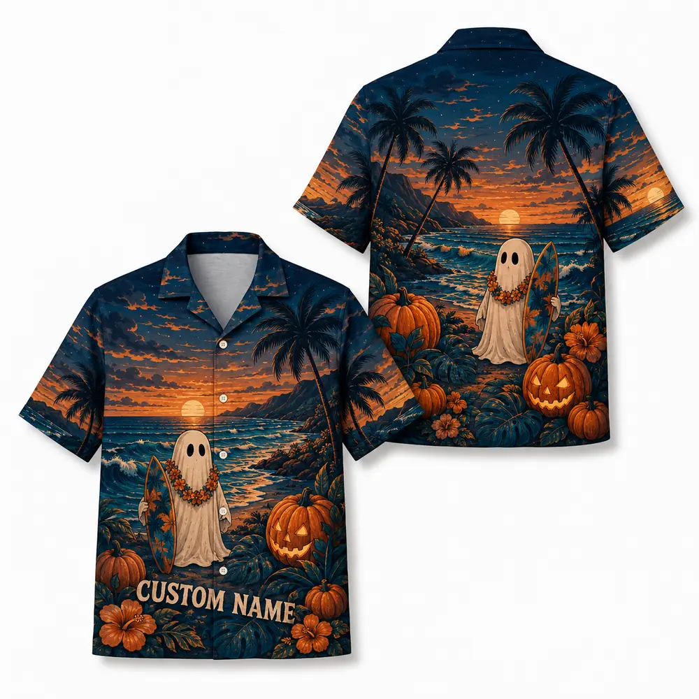 Personalized Spooky Ghost Beach Halloween Hawaiian Shirt For Men Women, Short Sleeve Tropical Fall Festival Print, Custom Name Button Down - Style 7