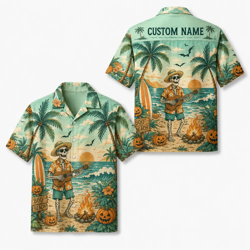 Personalized Spooky Ghost Beach Halloween Hawaiian Shirt For Men Women, Short Sleeve Tropical Fall Festival Print, Custom Name Button Down - Style 8