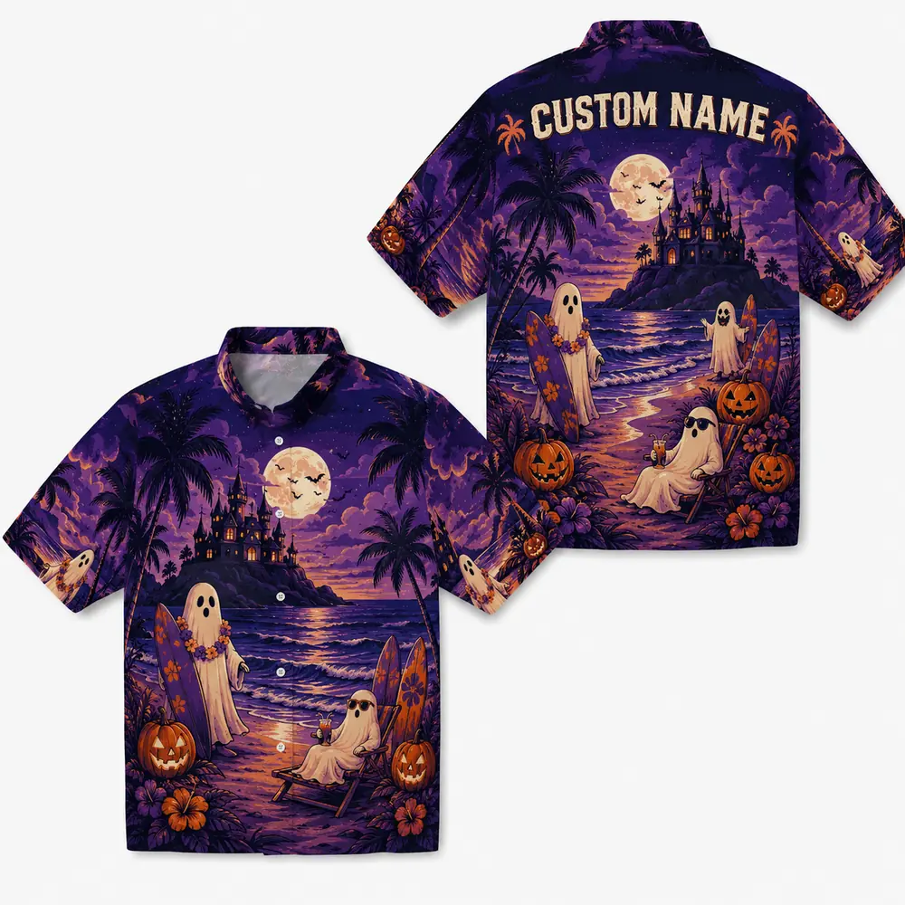 Personalized Spooky Ghost Beach Halloween Hawaiian Shirt For Men Women, Short Sleeve Tropical Fall Festival Print, Custom Name Button Down - Style 9