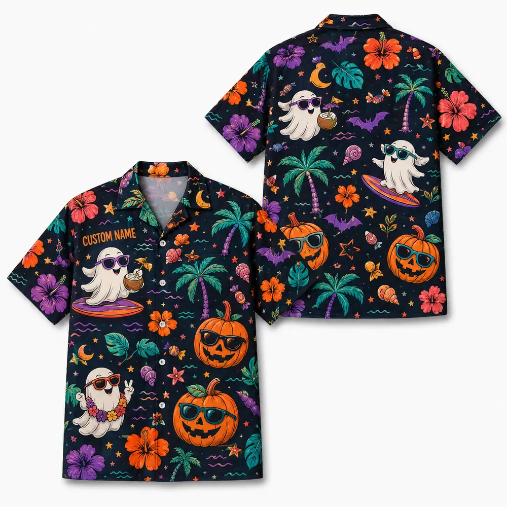Personalized Spooky Ghost Halloween Hawaiian Shirt For Men Women, Short Sleeve Festive Fall Vacation Print, Custom Name Button Down - Style 1