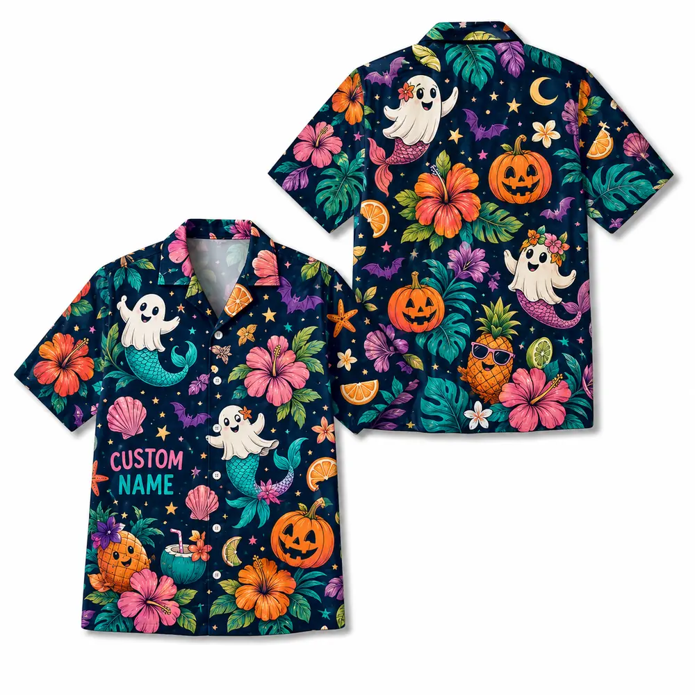 Personalized Spooky Ghost Halloween Hawaiian Shirt For Men Women, Short Sleeve Festive Fall Vacation Print, Custom Name Button Down - Style 10