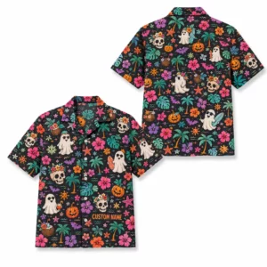 Personalized Spooky Ghost Halloween Hawaiian Shirt For Men Women, Short Sleeve Festive Fall Vacation Print, Custom Name Button Down - Style 2