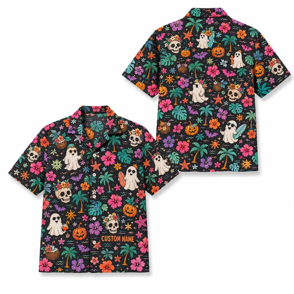Personalized Spooky Ghost Halloween Hawaiian Shirt For Men Women, Short Sleeve Festive Fall Vacation Print, Custom Name Button Down - Style 2