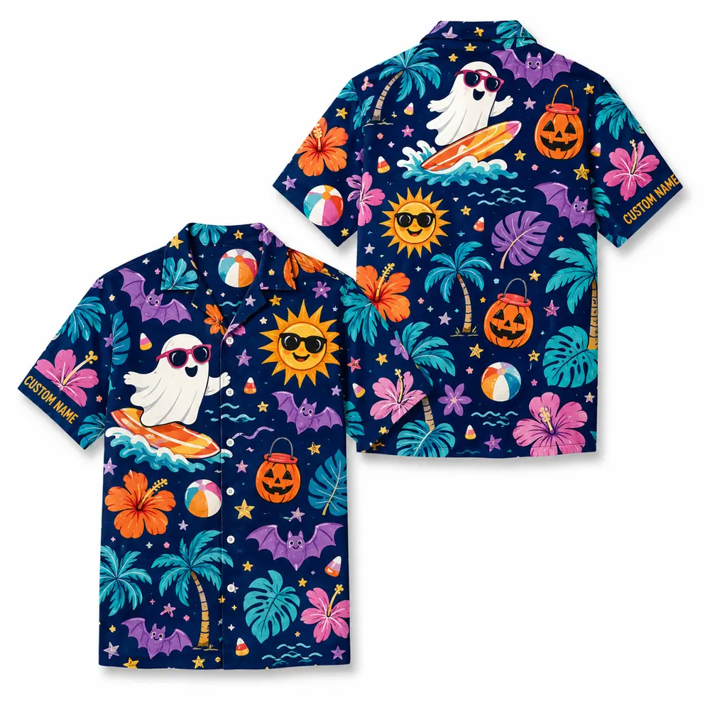Personalized Spooky Ghost Halloween Hawaiian Shirt For Men Women, Short Sleeve Festive Fall Vacation Print, Custom Name Button Down - Style 3