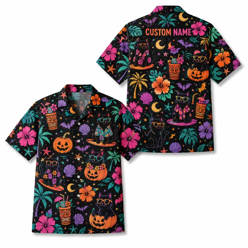 Personalized Spooky Ghost Halloween Hawaiian Shirt For Men Women, Short Sleeve Festive Fall Vacation Print, Custom Name Button Down - Style 4