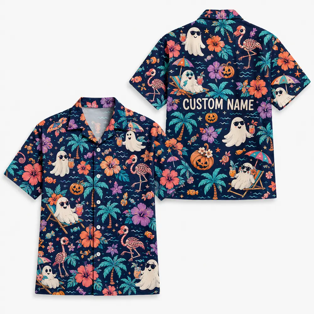 Personalized Spooky Ghost Halloween Hawaiian Shirt For Men Women, Short Sleeve Festive Fall Vacation Print, Custom Name Button Down - Style 5
