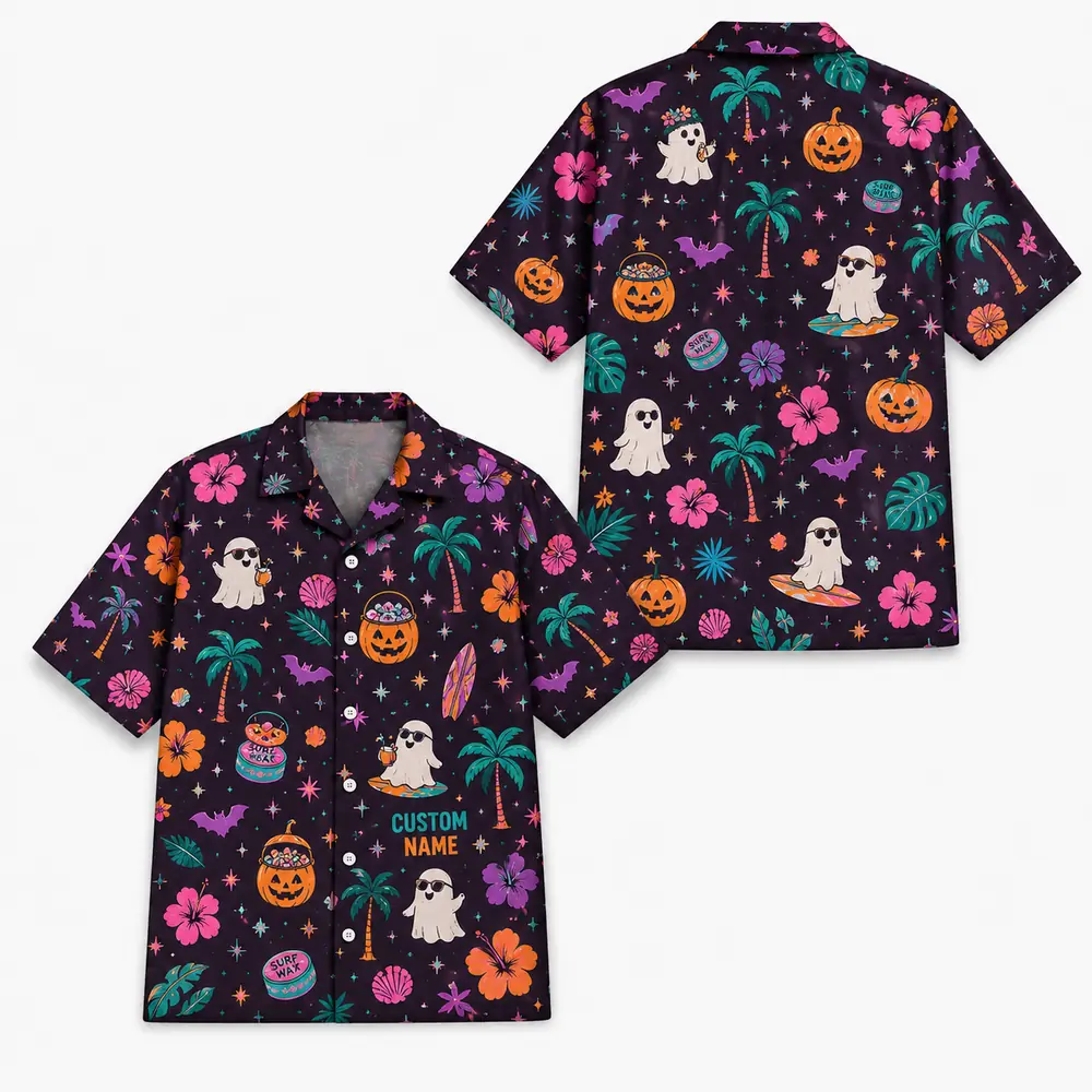 Personalized Spooky Ghost Halloween Hawaiian Shirt For Men Women, Short Sleeve Festive Fall Vacation Print, Custom Name Button Down - Style 6