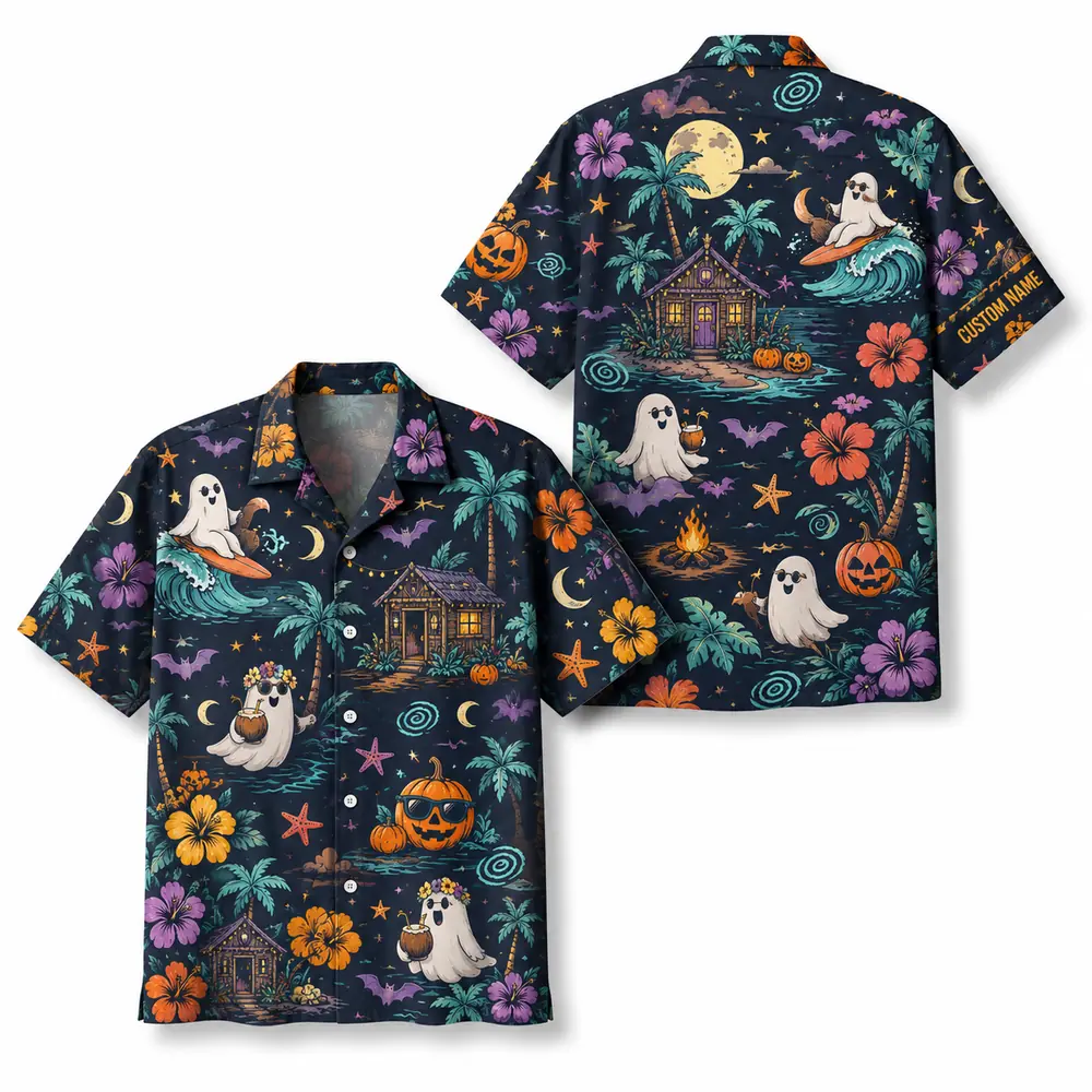 Personalized Spooky Ghost Halloween Hawaiian Shirt For Men Women, Short Sleeve Festive Fall Vacation Print, Custom Name Button Down - Style 7