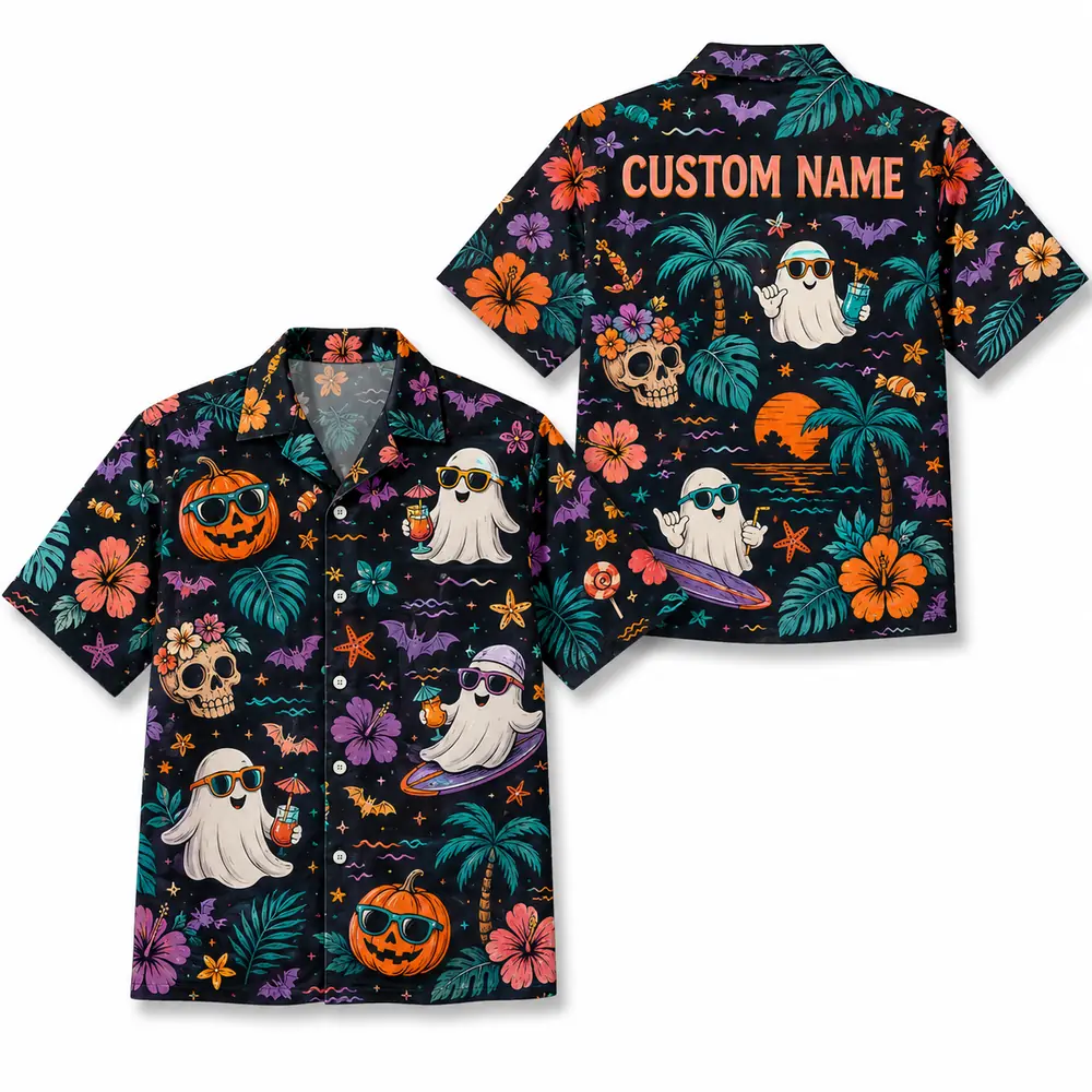 Personalized Spooky Ghost Halloween Hawaiian Shirt For Men Women, Short Sleeve Festive Fall Vacation Print, Custom Name Button Down - Style 9