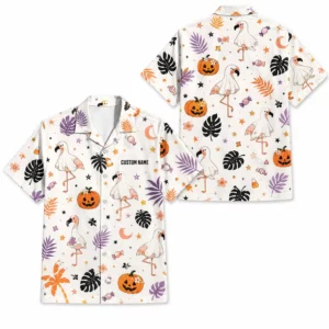 Personalized Spooky Halloween Aloha Hawaiian Shirt For Men Women, Short Sleeve Cute Fall Festival Vacation Print, Custom Name Button Down - Style 1