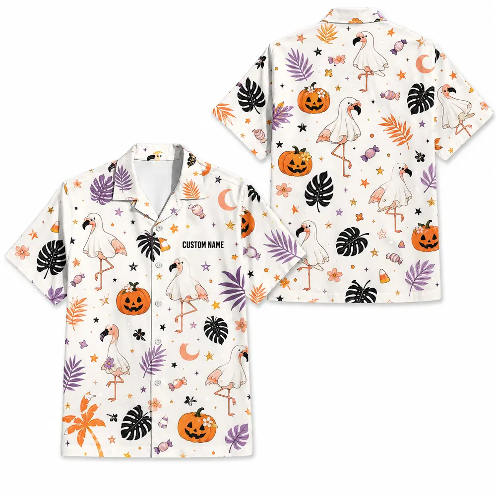 Personalized Spooky Halloween Aloha Hawaiian Shirt For Men Women, Short Sleeve Cute Fall Festival Vacation Print, Custom Name Button Down - Style 1