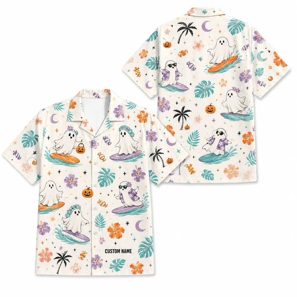 Personalized Spooky Halloween Aloha Hawaiian Shirt For Men Women, Short Sleeve Cute Fall Festival Vacation Print, Custom Name Button Down - Style 2