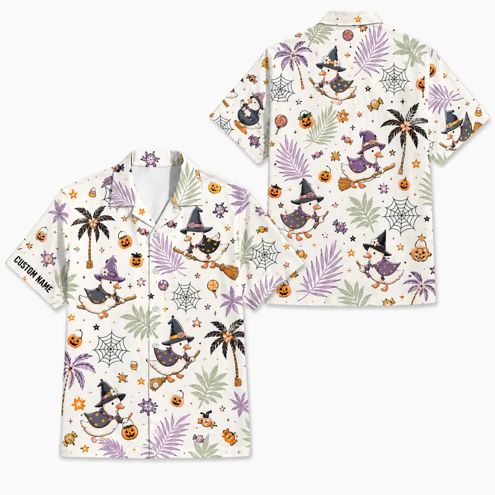 Personalized Spooky Halloween Aloha Hawaiian Shirt For Men Women, Short Sleeve Cute Fall Festival Vacation Print, Custom Name Button Down - Style 3