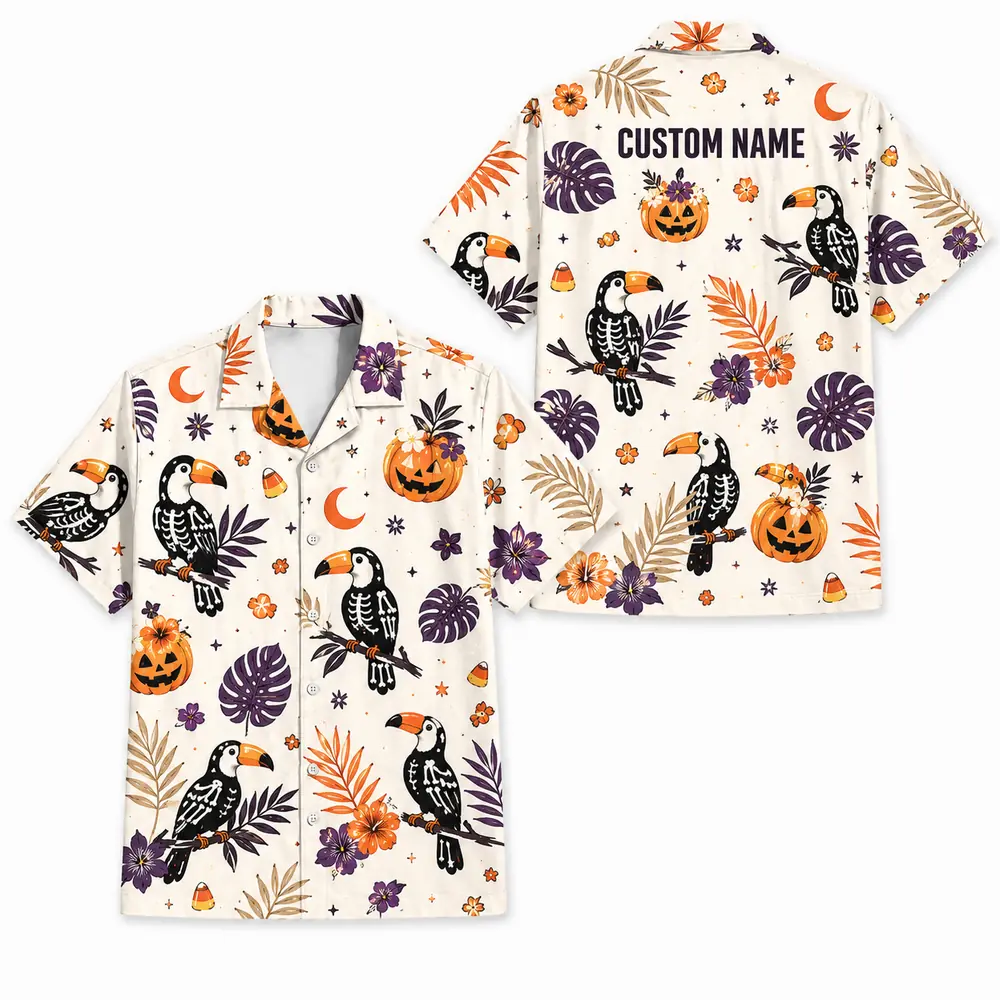 Personalized Spooky Halloween Aloha Hawaiian Shirt For Men Women, Short Sleeve Cute Fall Festival Vacation Print, Custom Name Button Down - Style 4