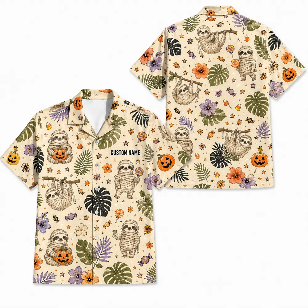 Personalized Spooky Halloween Aloha Hawaiian Shirt For Men Women, Short Sleeve Cute Fall Festival Vacation Print, Custom Name Button Down - Style 5