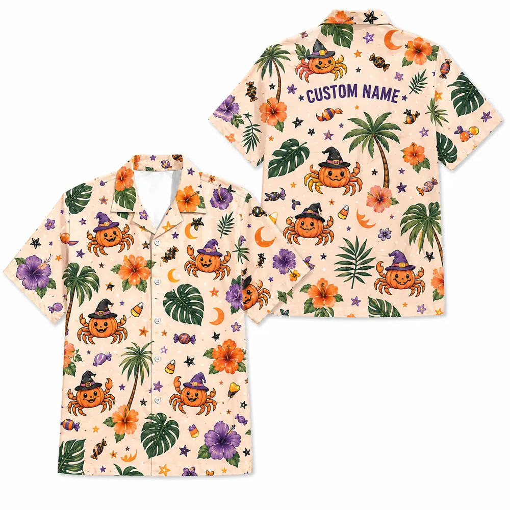 Personalized Spooky Halloween Aloha Hawaiian Shirt For Men Women, Short Sleeve Cute Fall Festival Vacation Print, Custom Name Button Down - Style 6