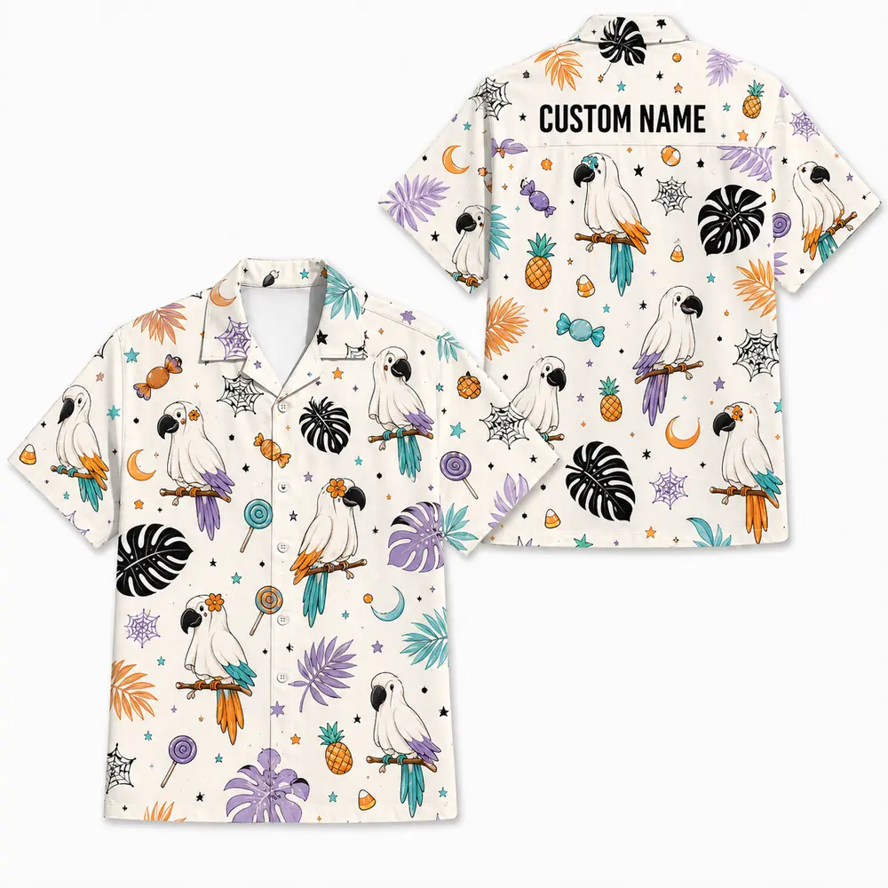 Personalized Spooky Halloween Aloha Hawaiian Shirt For Men Women, Short Sleeve Cute Fall Festival Vacation Print, Custom Name Button Down - Style 7