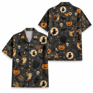 Personalized Spooky Pattern Halloween Hawaiian Shirt For Men Women, Short Sleeve Festive Fall Vacation Print, Custom Name Button Down - Style 1