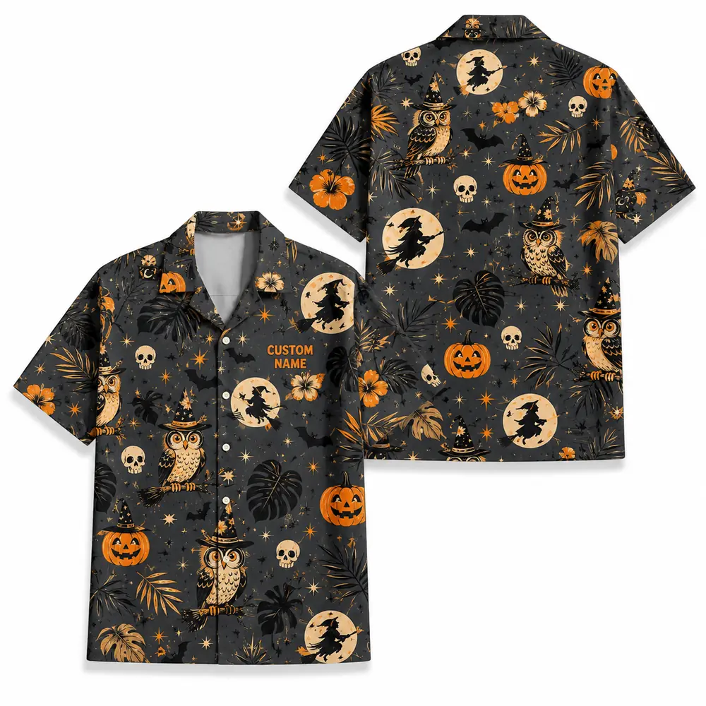 Personalized Spooky Pattern Halloween Hawaiian Shirt For Men Women, Short Sleeve Festive Fall Vacation Print, Custom Name Button Down - Style 1