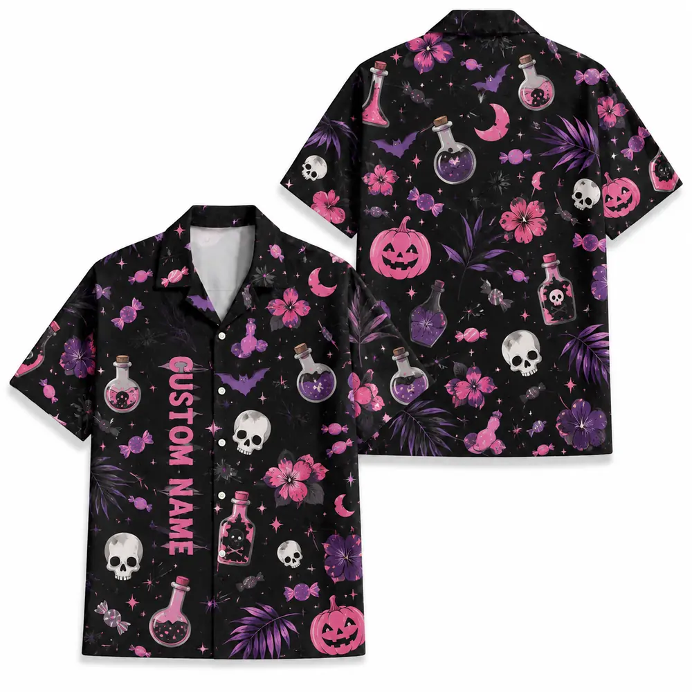 Personalized Spooky Pattern Halloween Hawaiian Shirt For Men Women, Short Sleeve Festive Fall Vacation Print, Custom Name Button Down - Style 10